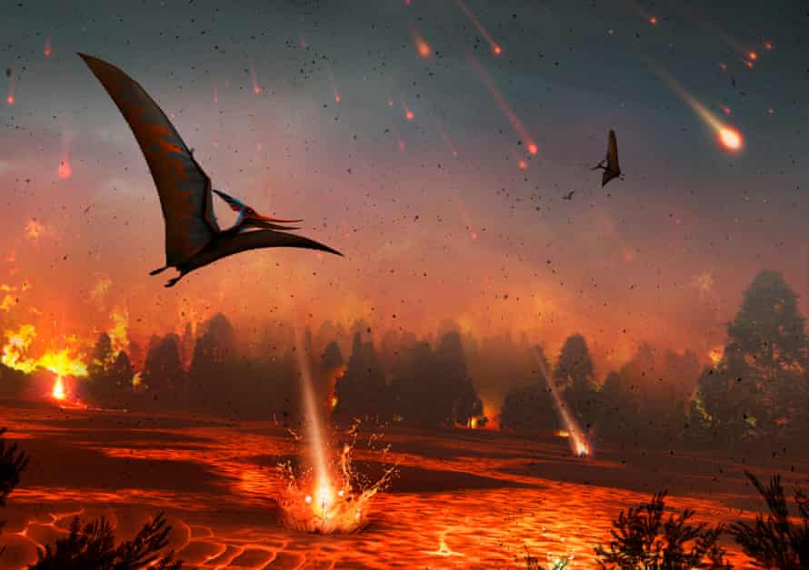 65 million years ago, an asteroid impact on Earth wiped out dinosaurs, pterosaurs and many other species.