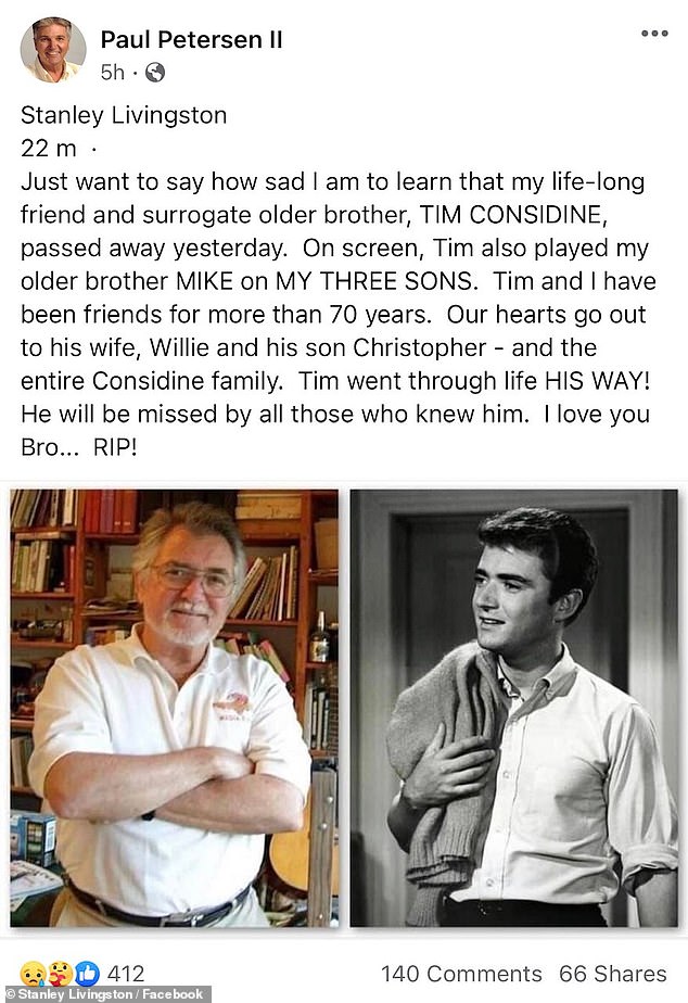 y Three Sons co-star Stanley Livingston shared a touching tribute to Considine on social media, a day after his death.