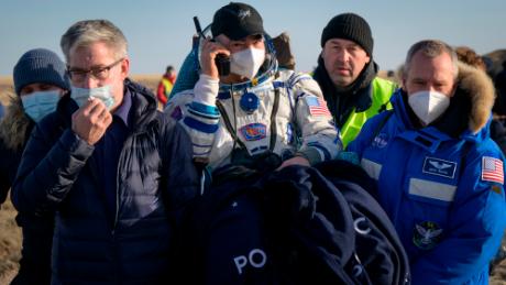 NASA astronaut Mark Vande Hee is transferred to a medical tent shortly after he and fellow crew members Peter Dubrov and Anton Shkaplerov of Roscosmos landed on their Soyuz MS-19 spacecraft near the town of Zizkazgan on March 30, 2022 in Zizkazgan, Kazakhstan.