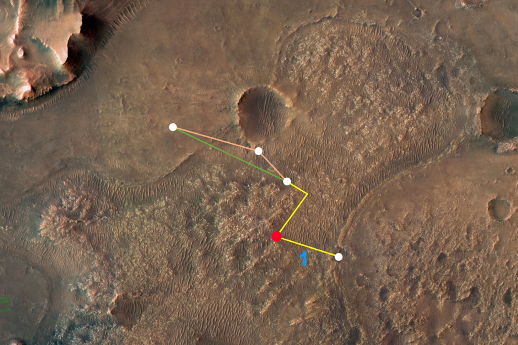 This annotated overhead image from NASA's Mars Exploration Rover (MRO) depicts the multiple flights—and two different routes—the agency's innovative Mars helicopter could make its way to the Jezero Crater Delta.