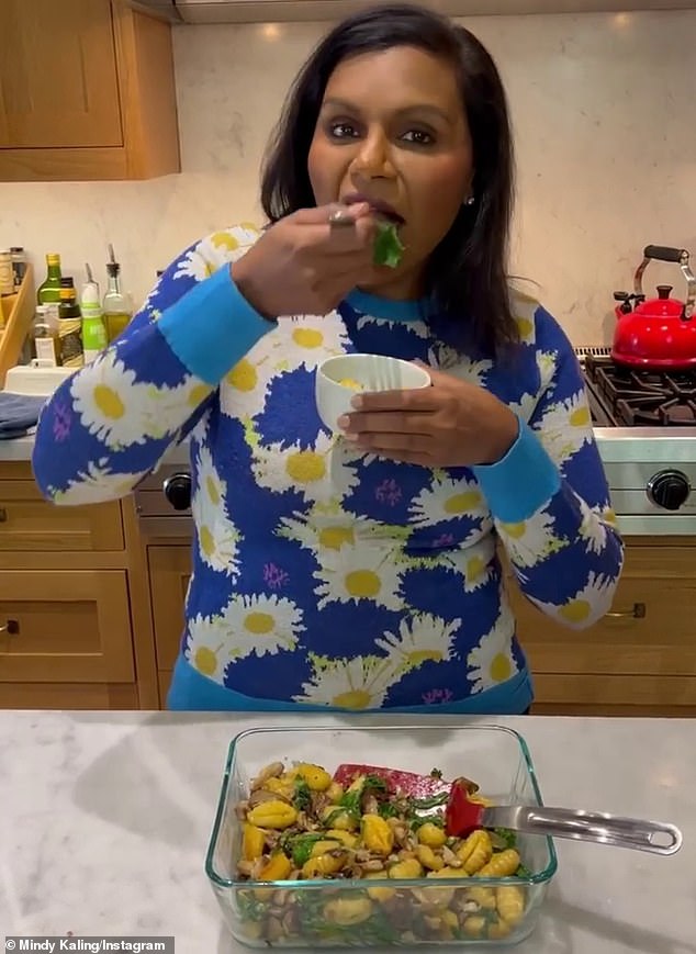 Mouth-watering: Mindy recently treated her fans with an Instagram video of herself making a leaf gnocchi and sharing her recipe