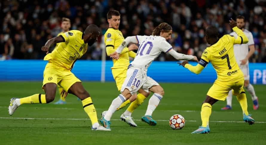 Real Madrid's Luka Modric (centre right) caused problems for Chelsea players Antonio Rudiger (left), Mason Mount (centre left) and N'Golo Kante.