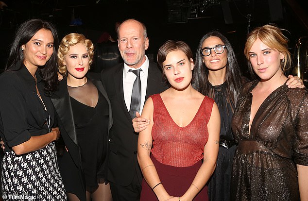 Strong family: Bruce also shares daughters Rumer, 33, Tallulah, 28, and Scout, 30, with ex-wife Demi Moore, 59;  From left, Emma, ​​Rumer, Bruce, Tallulah, Demi, and Scout in New York, 2015
