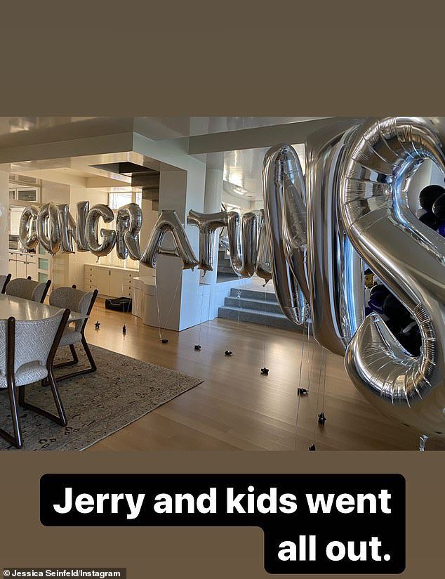 For the occasion: Seinfeld previously shared a shot of a large balloon arrangement set up in her home for her Instagram story