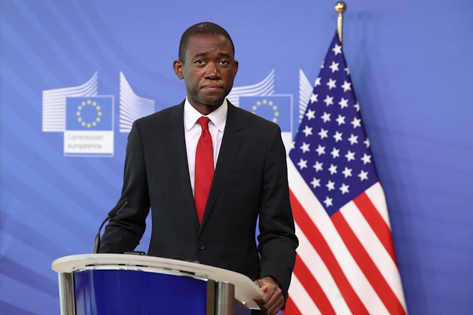 Deputy Treasury Secretary Wali Ademo, pictured at a press conference in Brussels in March, spoke about oil recently.  (Dursun Aydemir/Anadolu Agency via Getty Images)