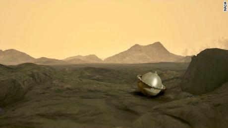 This illustration shows the probe after it reached the surface of Venus.  Floral heights can be seen in the background.
