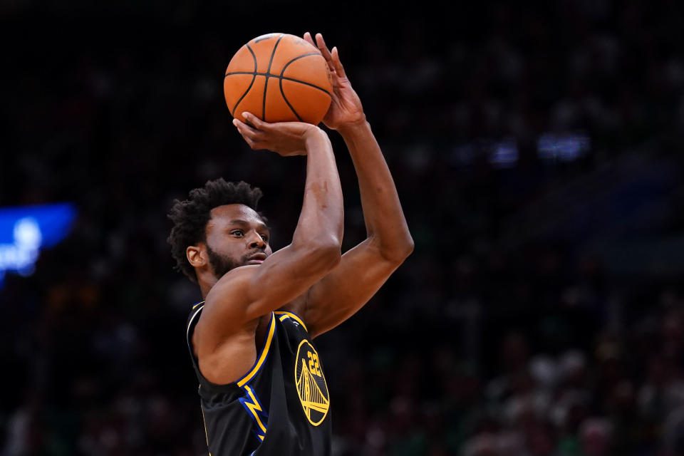 Golden State Warriors forward Andrew Wiggins attempts a shot against the Boston Celtics during Game 4 of the 2022 NBA Finals at TD Garden in Boston on June 10, 2022. (David Butler II / USA TODAY Sports)