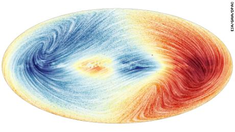 Data from Gaia reveals the speed at which more than 30 million Milky Way stars are moving toward or away from Earth.  Blue shows the parts of the sky where the average movement of the stars is towards us while red shows the areas where the average movement is farthest from us. 