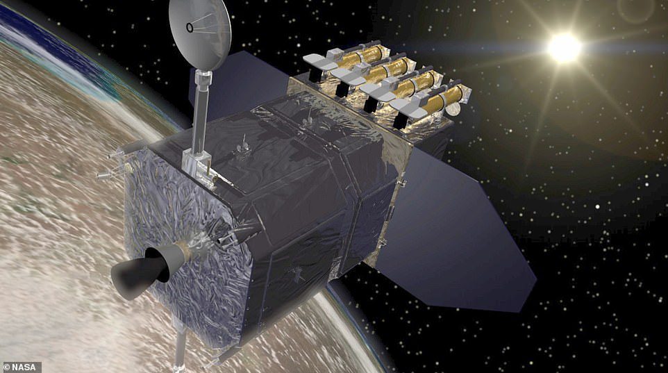 The Solar Dynamics Observatory (SDO), pictured here in the illustration, studies how solar activity is created and how space weather results from that activity.