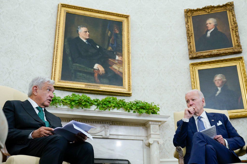 President Joe Biden listens as Mexican President Andres Manuel Lopez Obrador speaks.