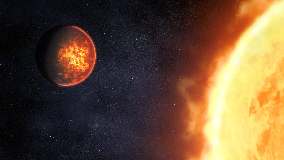 A lava-covered exoplanet walking close to a host star.