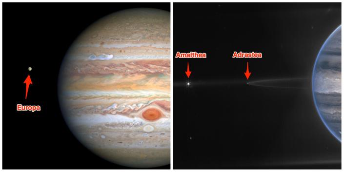 Hubble telescope image of Jupiter with its icy moon Europa.  (Left) JWST image of Jupiter with its small moons, Amalthea and Adrastea.
