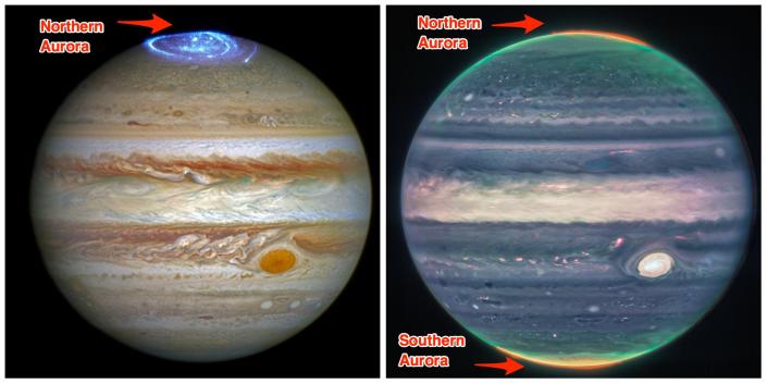 Hubble image of Jupiter (left) JWST image of Jupiter (right)