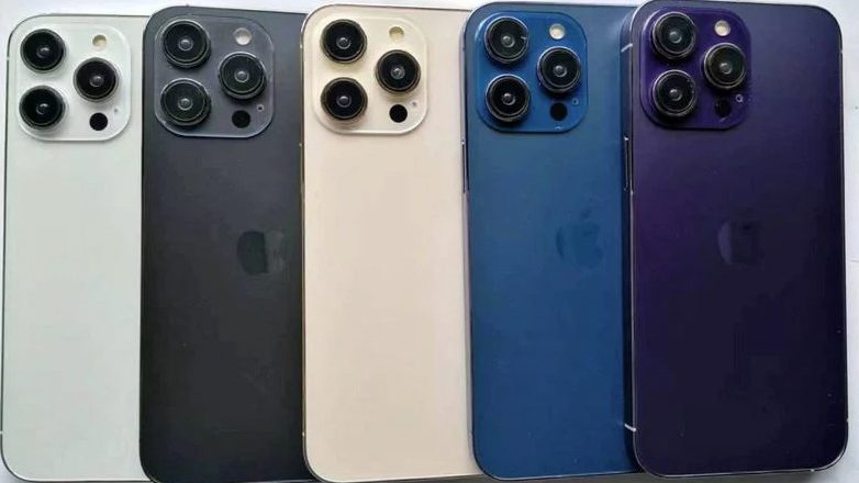 A shot of 5 dummy iPhone 14 Pro units, in silver, graphite, gold, blue, and purple
