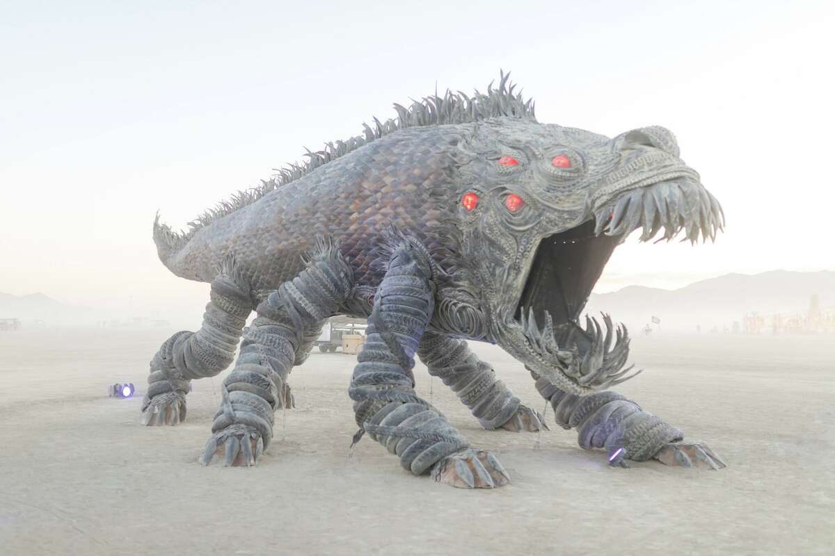 Facing Fearbeast by Tigre Mashaal-Lively & Make Love visible from Santa Fe, NM at Burning Man 2022 in the Black Rock Desert in Gerlach, Nevada.