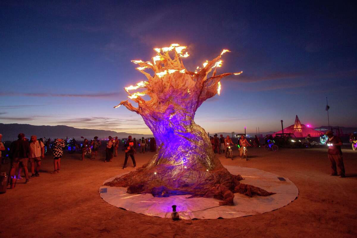 The fiery sculpture at Burning Man 2022 in the Black Rock Desert in Gerlach, Nev.