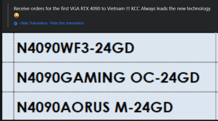 Gigabyte's GeForce RTX 4090 custom models are listed by the Vietnamese retailer.  (Image credits: I_Leak_VN)