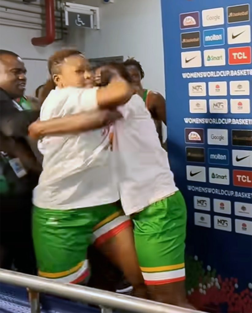 Two Malian players attack the press area at the Women's Basketball World Cup in Sydney.