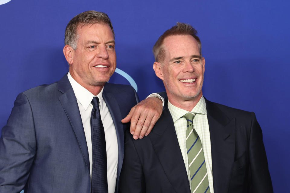 NEW YORK, NY - May 17: Troy Aikman of ESPN and Joe Buck attended the 2022 ABC Disney Upfront at Basketball City - Pier 36 - South Street on May 17, 2022 in New York City.  (Photo by Arturo Holmes/WireImage)