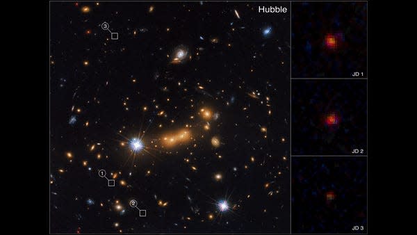 gif comparing hubble and jwst images of the same galaxy cluster projecting new galaxies behind it