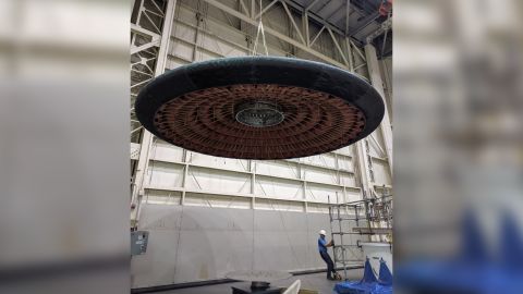 The underside of the inflatable antenna can be seen during testing.