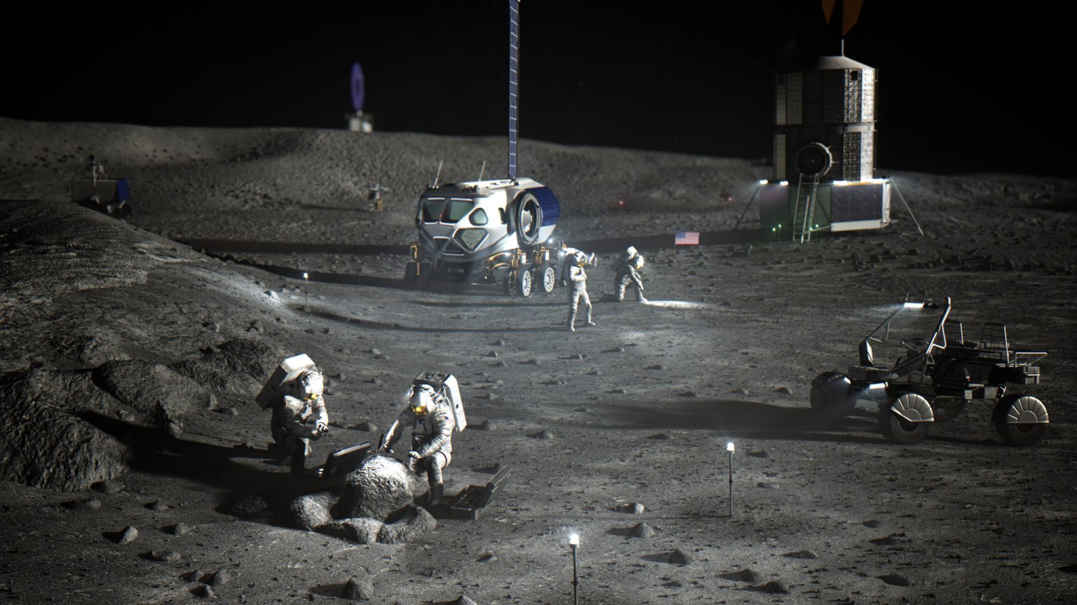 Artistic depiction of NASA astronauts at the lunar south pole doing early work to establish Artemis Base Camp.