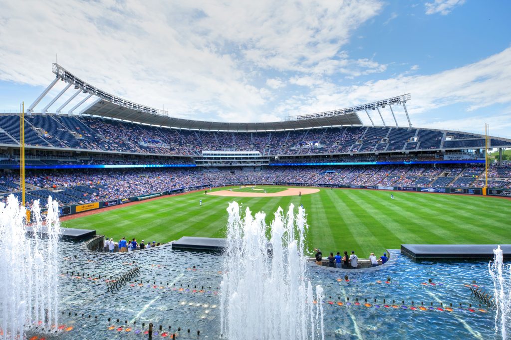 The new stadium features an overhanging and outdoor water fountain similar to the one at Kauffman Stadium pictured here during the afternoon game.